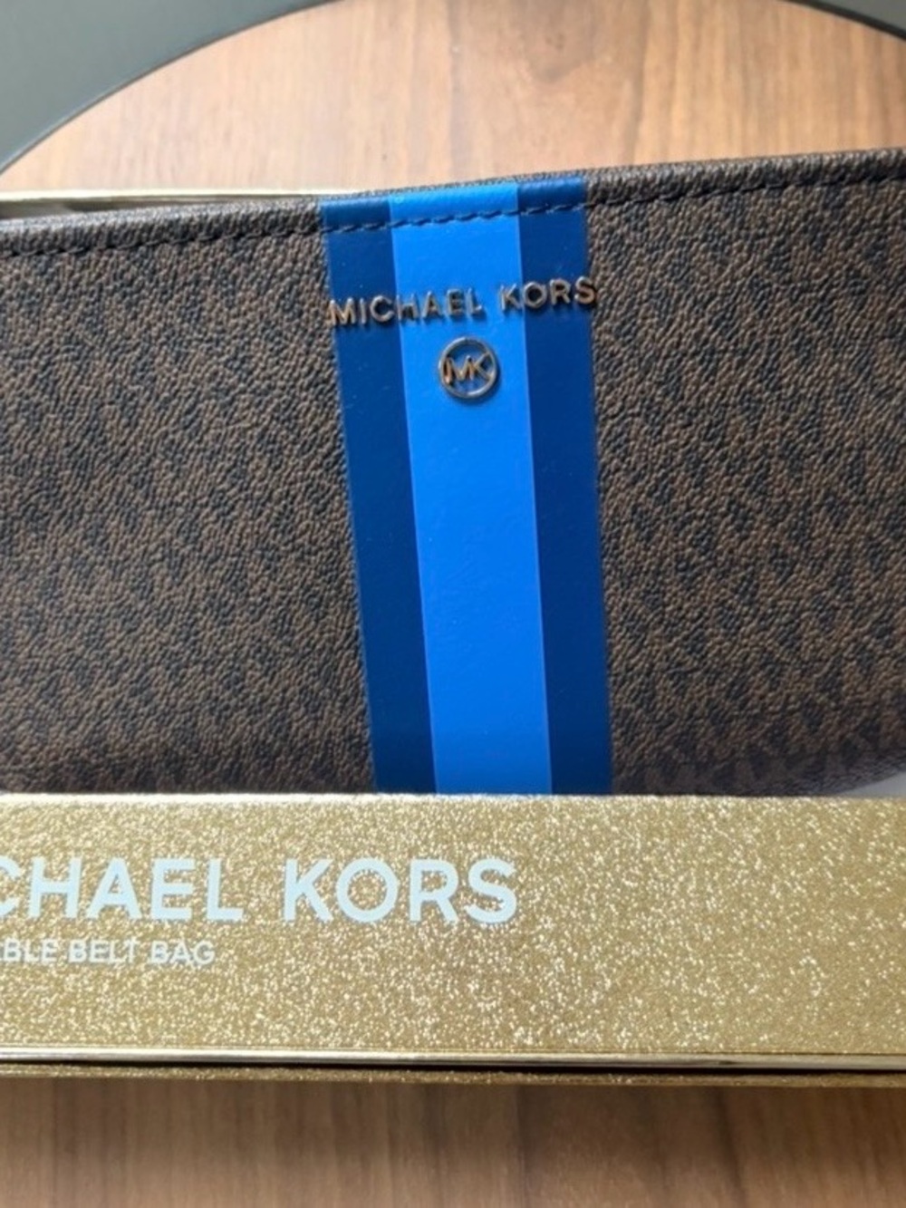 Michael Kors Brown Signature Travel Wristlet with Blue Stripe